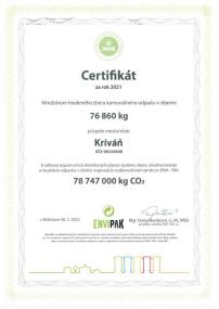 Certifikát za rok 2021- triedený zber odpadov pre obec Kriváň 1